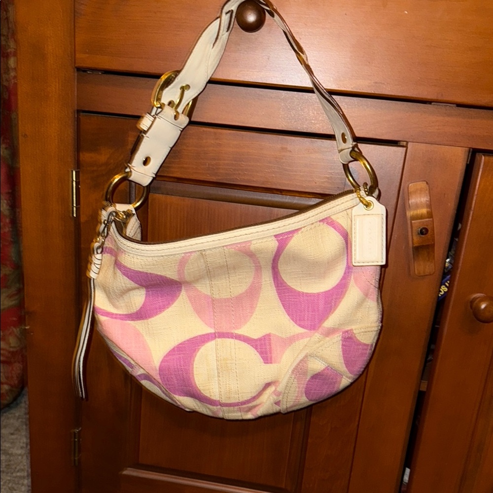Coach Pink and Cream Shoulder Bag with Signature Pattern